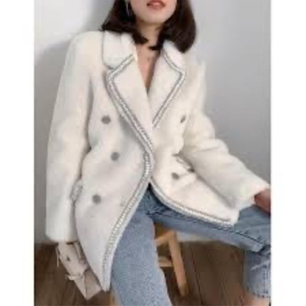 Fuzzy Double Breast White Coat With Metallic Threads & Silver Stamped Buttons